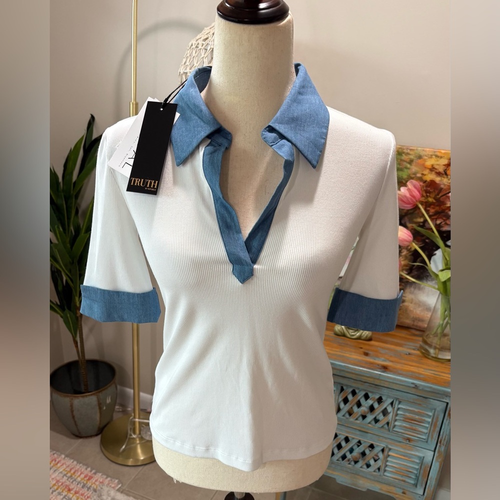 Truth White and Blue Fitted Button Down Shirt
